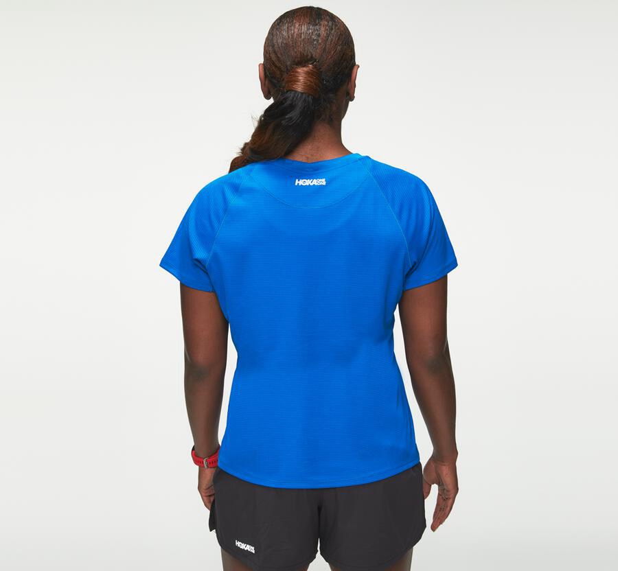 Hoka One One Tops Womens Blue - Performance Short Sleeve - 08674XSCT